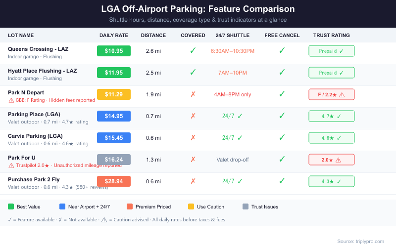 Feature comparison table of 7 LGA off-airport parking lots showing daily rate, distance from airport, covered parking availability, 24/7 shuttle service, free cancellation policy, and trust rating. Highlights that Parking Place and Carvia offer the best combination of proximity (0.6–0.7 miles), 24/7 shuttle, and strong ratings, while Park N Depart and Park For U carry trust warnings.