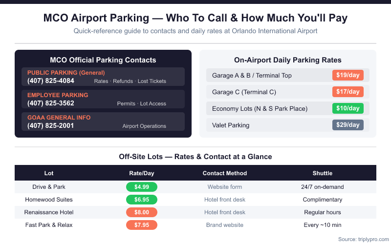 MCO Airport Parking contact guide showing official phone numbers (407-825-4084 for public parking), on-airport daily rates from $10 to $29, and off-site lot comparison with rates from $4.99 to $8.00 per day at Orlando International Airport